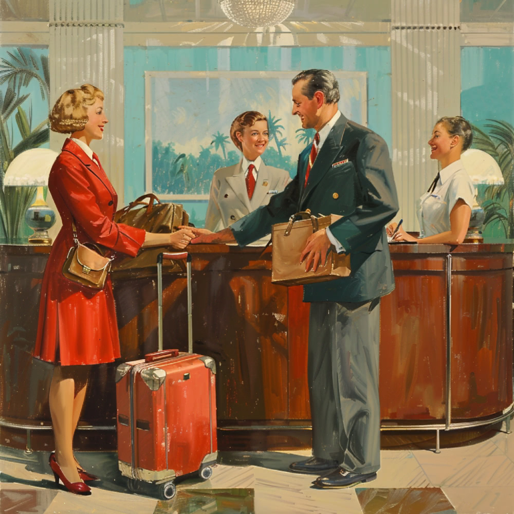woman and man at concierge desk
